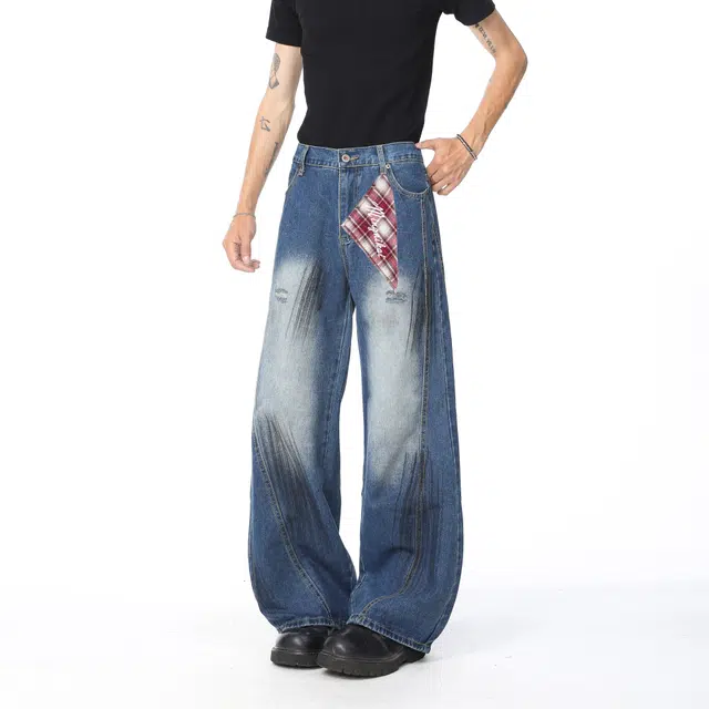 明尼凯 美式复古泼墨抓痕设计做旧水洗破洞毛边满印磨白解构高级感炸街潮牌宽松百搭潮流痞帅直筒显高显瘦牛仔裤 男女同款