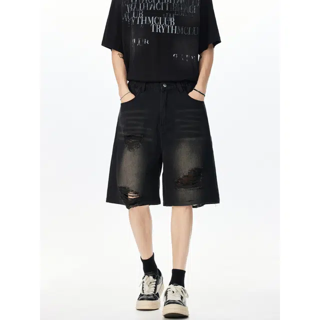 明尼凯 美式复古个性毛边破洞做旧设计嘻哈街头风直筒宽松五分潮流痞帅慵懒百搭牛仔短裤 男女同款