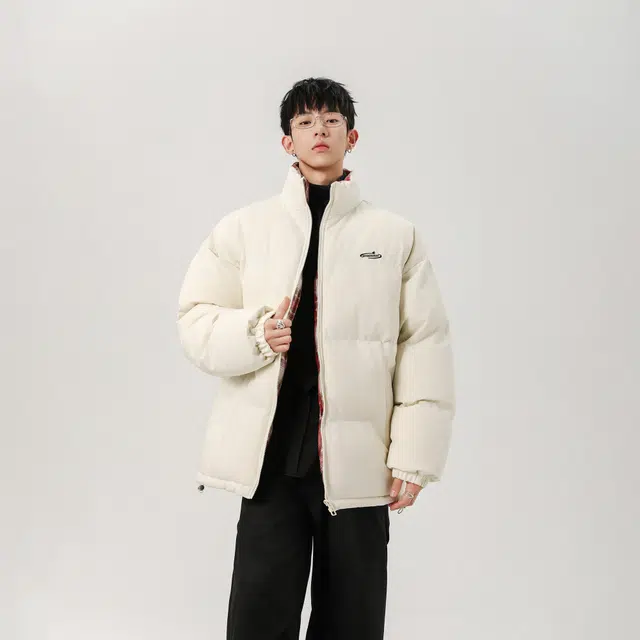 明尼凯 美式复古高街学院风纯色面包服格纹拼接校园小清新防风抗寒保暖休闲宽松立领长袖外套日常通勤百搭舒适时尚户外棉服 男女同款