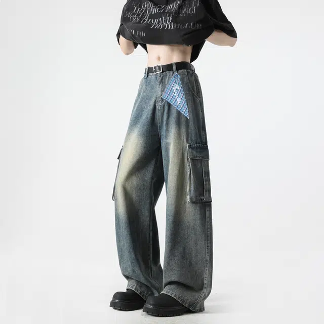 明尼凯 美式高街潮牌复古重工水洗做旧日渐变废土风工装口袋显高显瘦潮流百搭慵懒休闲帅气日常通勤宽松垂感直筒牛仔裤 男女同款
