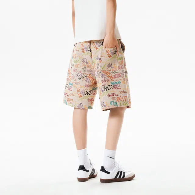 明尼凯 美式潮牌彩绘字母满印涂鸦设计夏威夷沙滩度假风松紧系带宽松直筒阔腿百搭潮流舒适清凉透气五分情侣休闲短裤 男女同款