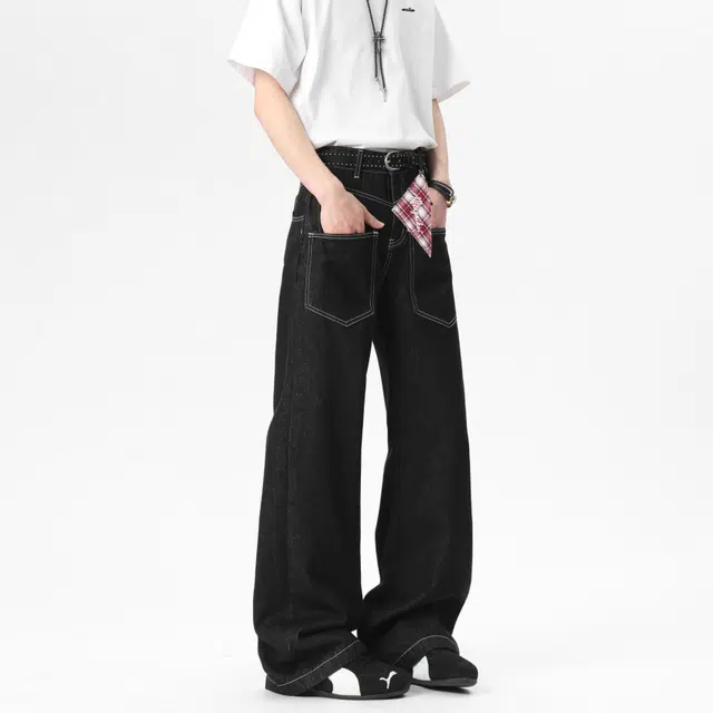 明尼凯 美式复古潮流高街个性前插反穿口袋设计纯色基础款潮牌小众百搭日常无性别主义宽松休闲舒适廓形牛仔裤 男女同款