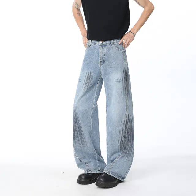 明尼凯 美式复古高街暗黑喷墨设计做旧水洗破洞毛边满印磨白解构高级感炸街潮牌宽松百搭潮流痞帅直筒阔腿显高显瘦弯刀牛仔裤 男女同款