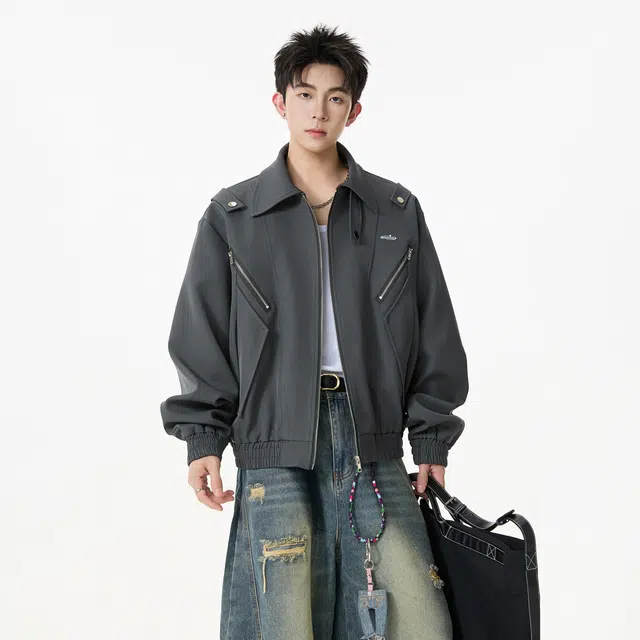 明尼凯 美式复古嘻哈街头风解构双拉链口袋设计感小众高级感百搭无性别主义工装教练翻领宽松休闲日常夹克外套 男女同款