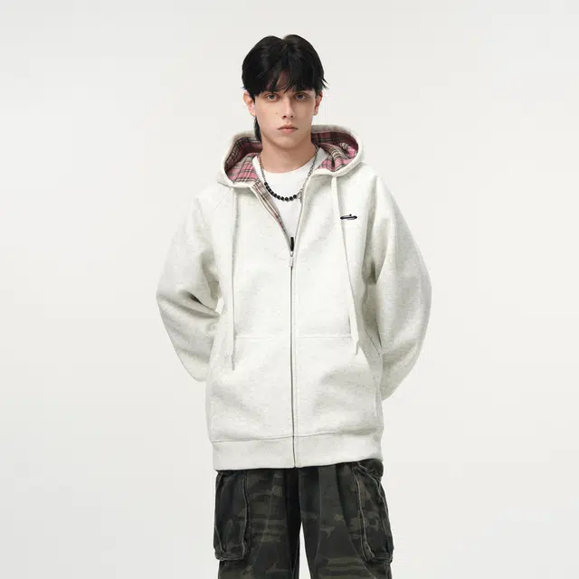 明尼凯 美式复古高街基础款个性撞色格纹小众设计感潮流日常通勤宽松高级感百搭舒适亲肤休闲连帽情侣重磅开衫卫衣 男女同款