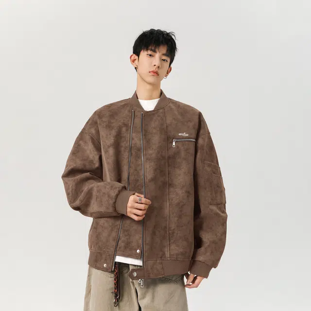 明尼凯 美式复古高街小众解构金属拉链设计感做旧水洗扎染外套日常通勤百搭休闲宽松个性时尚机车服痞帅工装立领夹克 男女同款