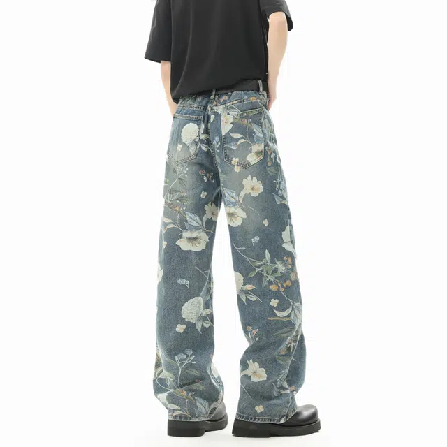 明尼凯 美式复古水洗满印印花卉设计小众高级感个性潮流痞帅舒适柔软宽松休闲直筒垂感百搭拖地中腰情侣牛仔裤 男女同款