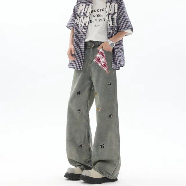 明尼凯 美式复古高街水洗做旧简约个性趣味卡通可爱小狗万针植绒刺绣工艺小众高级设计休闲宽松垂感百搭日常通勤直筒微喇牛仔裤 男女同款