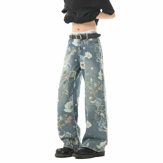 明尼凯 美式复古水洗满印印花卉设计小众高级感个性潮流痞帅舒适柔软宽松休闲直筒垂感百搭拖地中腰情侣牛仔裤 男女同款