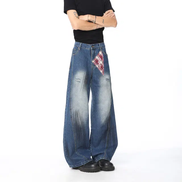 明尼凯 美式复古泼墨抓痕设计做旧水洗破洞毛边满印磨白解构高级感炸街潮牌宽松百搭潮流痞帅直筒显高显瘦牛仔裤 男女同款