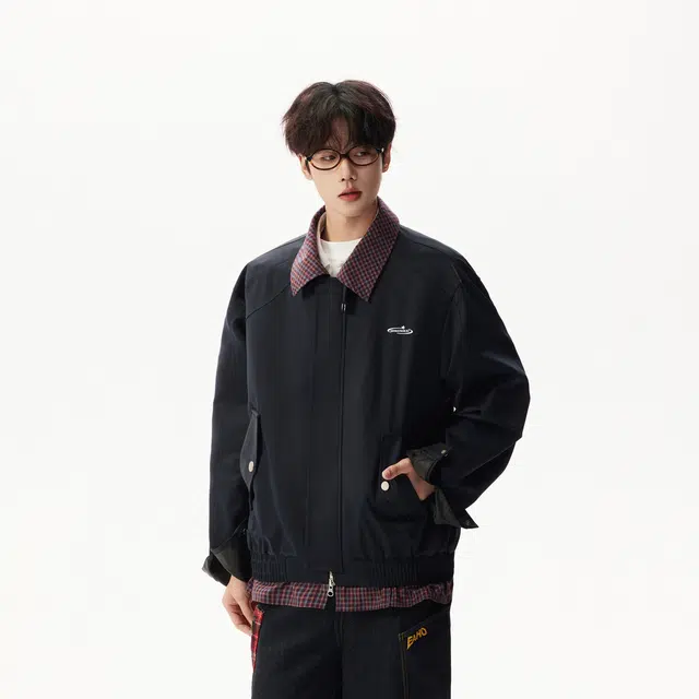 明尼凯 美式复古高街风基础款拼接格子翻领假两件设计小众高级感叠穿感户外日常通勤休闲宽松潮流百搭落肩情侣夹克外套 男女同款