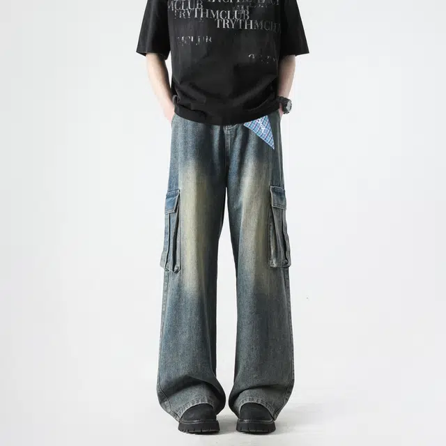 明尼凯 美式高街潮牌复古重工水洗做旧日渐变废土风工装口袋显高显瘦潮流百搭慵懒休闲帅气日常通勤宽松垂感直筒牛仔裤 男女同款