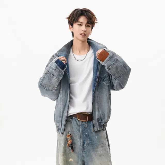 明尼凯 美式复古高街学院风解构倒装设计感夹克立领上衣时尚舒适百搭痞帅青春感高级感慵懒休闲宽松遮肉显瘦通勤牛仔外套 男女同款