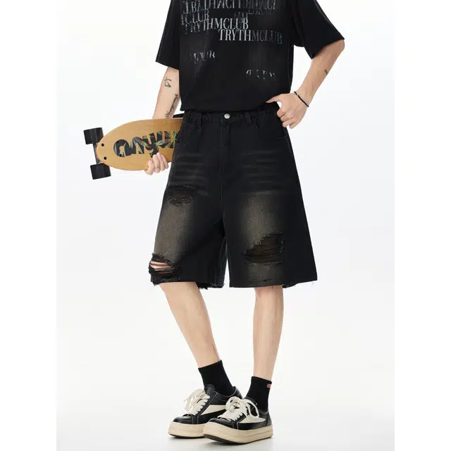 明尼凯 美式复古个性毛边破洞做旧设计嘻哈街头风直筒宽松五分潮流痞帅慵懒百搭牛仔短裤 男女同款