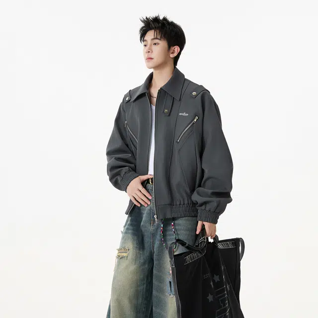 明尼凯 美式复古嘻哈街头风解构双拉链口袋设计感小众高级感百搭无性别主义工装教练翻领宽松休闲日常夹克外套 男女同款