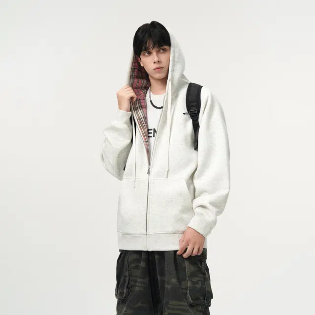 明尼凯 美式复古高街基础款个性撞色格纹小众设计感潮流日常通勤宽松高级感百搭舒适亲肤休闲连帽情侣重磅开衫卫衣 男女同款