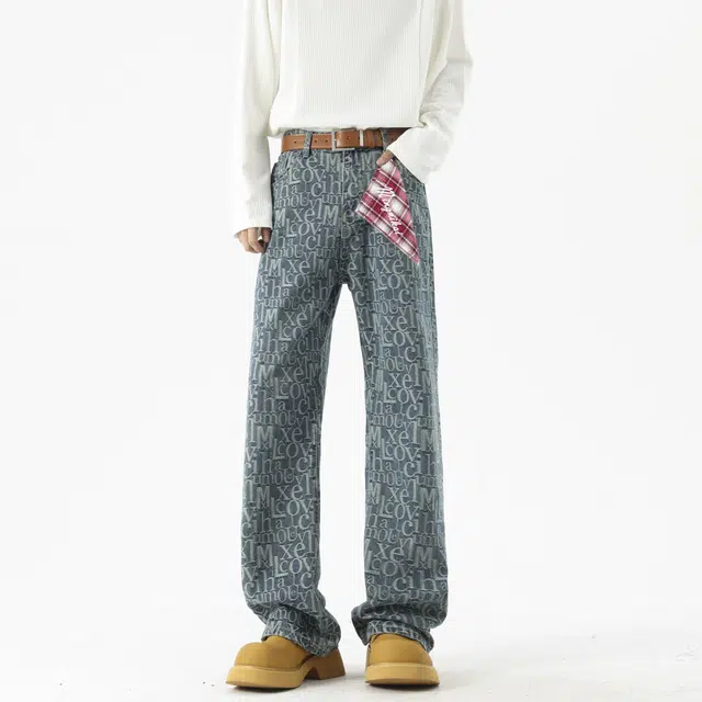 明尼凯 美式复古潮牌小众巴黎风手绘字母个性满印提花设计高级感宽松休闲时尚百搭潮流痞帅直筒垂感微喇牛仔裤 男女同款