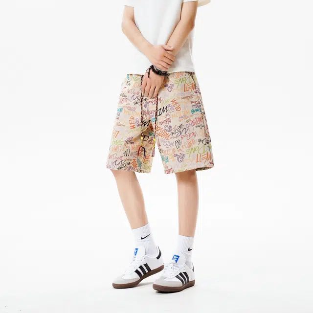 明尼凯 美式潮牌彩绘字母满印涂鸦设计夏威夷沙滩度假风松紧系带宽松直筒阔腿百搭潮流舒适清凉透气五分情侣休闲短裤 男女同款