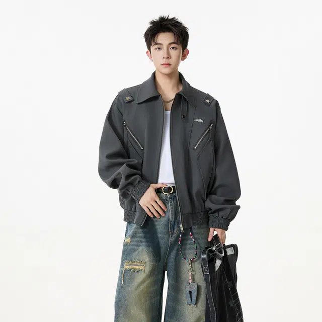 明尼凯 美式复古嘻哈街头风解构双拉链口袋设计感小众高级感百搭无性别主义工装教练翻领宽松休闲日常夹克外套 男女同款