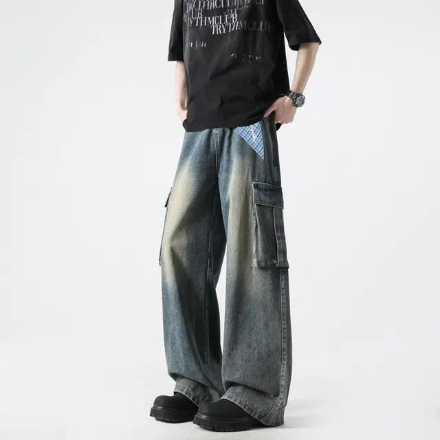 明尼凯 美式高街潮牌复古重工水洗做旧日渐变废土风工装口袋显高显瘦潮流百搭慵懒休闲帅气日常通勤宽松垂感直筒牛仔裤 男女同款