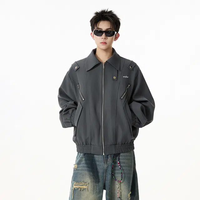 明尼凯 美式复古嘻哈街头风解构双拉链口袋设计感小众高级感百搭无性别主义工装教练翻领宽松休闲日常夹克外套 男女同款