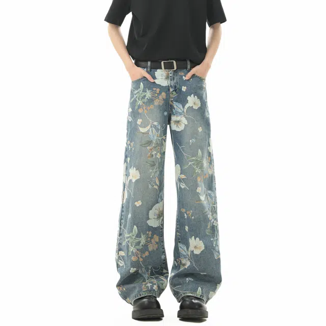 明尼凯 美式复古水洗满印印花卉设计小众高级感个性潮流痞帅舒适柔软宽松休闲直筒垂感百搭拖地中腰情侣牛仔裤 男女同款