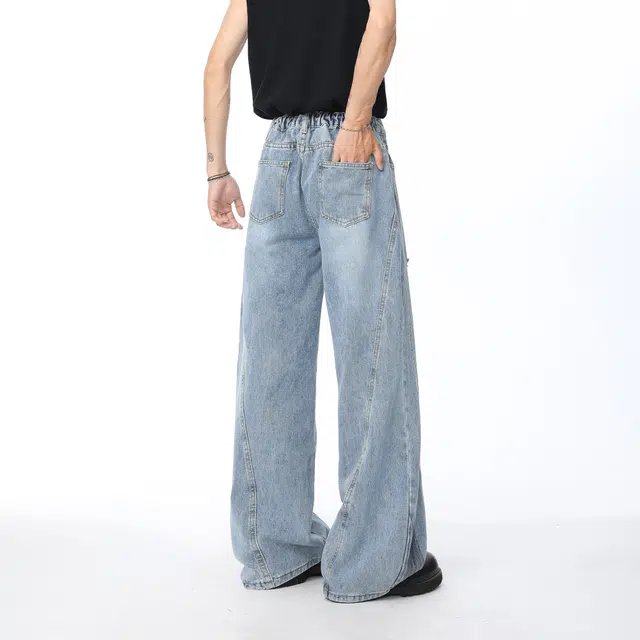 明尼凯 美式复古高街暗黑喷墨设计做旧水洗破洞毛边满印磨白解构高级感炸街潮牌宽松百搭潮流痞帅直筒阔腿显高显瘦弯刀牛仔裤 男女同款