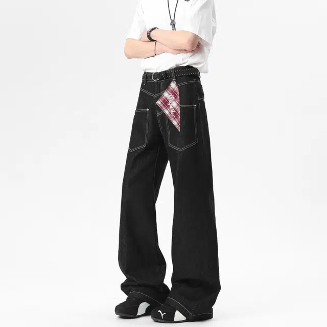 明尼凯 美式复古潮流高街个性前插反穿口袋设计纯色基础款潮牌小众百搭日常无性别主义宽松休闲舒适廓形牛仔裤 男女同款