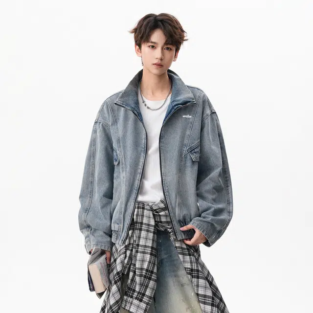 明尼凯 美式复古高街学院风解构倒装设计感夹克立领上衣时尚舒适百搭痞帅青春感高级感慵懒休闲宽松遮肉显瘦通勤牛仔外套 男女同款
