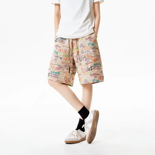明尼凯 美式潮牌彩绘字母满印涂鸦设计夏威夷沙滩度假风松紧系带宽松直筒阔腿百搭潮流舒适清凉透气五分情侣休闲短裤 男女同款