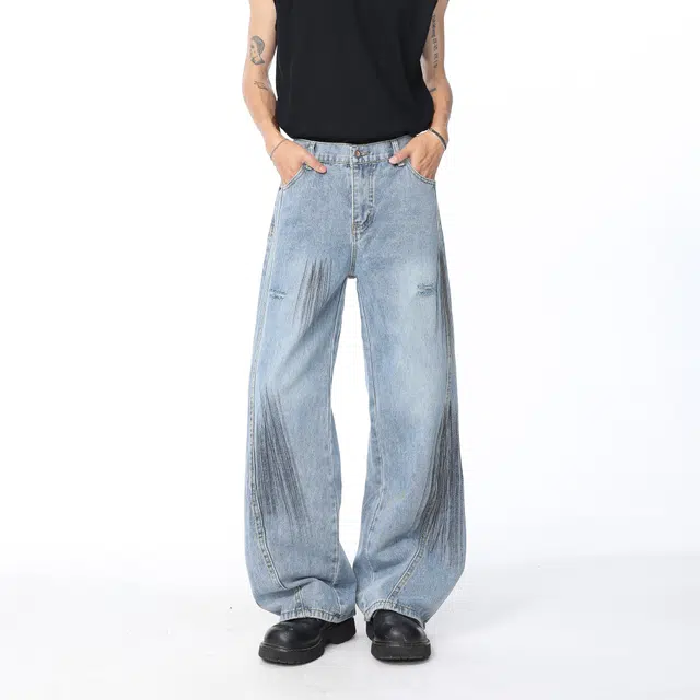 明尼凯 美式复古高街暗黑喷墨设计做旧水洗破洞毛边满印磨白解构高级感炸街潮牌宽松百搭潮流痞帅直筒阔腿显高显瘦弯刀牛仔裤 男女同款