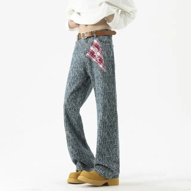 明尼凯 美式复古潮牌小众巴黎风手绘字母个性满印提花设计高级感宽松休闲时尚百搭潮流痞帅直筒垂感微喇牛仔裤 男女同款