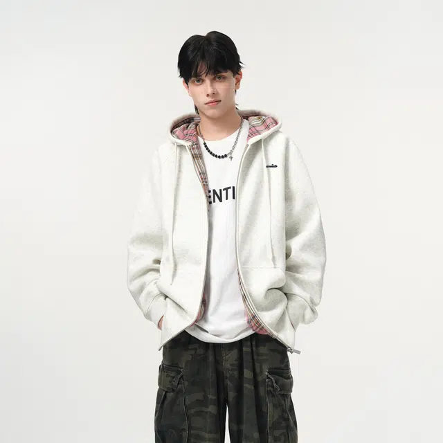 明尼凯 美式复古高街基础款个性撞色格纹小众设计感潮流日常通勤宽松高级感百搭舒适亲肤休闲连帽情侣重磅开衫卫衣 男女同款