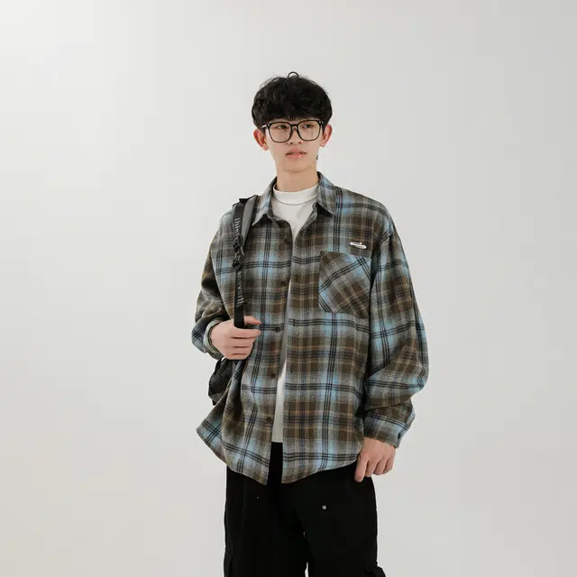 明尼凯 美式复古高街学院风小众个性设计感做旧水洗撞色格子简约慵懒风外套日常通勤百搭休闲宽松时尚潮流街头痞帅翻领长袖衬衫 男女同款