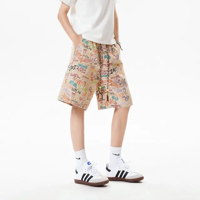 明尼凯 美式潮牌彩绘字母满印涂鸦设计夏威夷沙滩度假风松紧系带宽松直筒阔腿百搭潮流舒适清凉透气五分情侣休闲短裤 男女同款