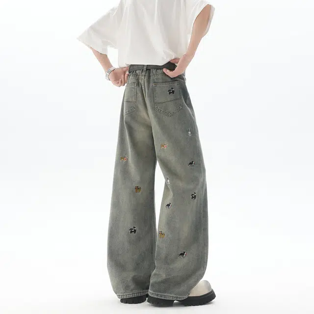 明尼凯 美式复古高街水洗做旧简约个性趣味卡通可爱小狗万针植绒刺绣工艺小众高级设计休闲宽松垂感百搭日常通勤直筒微喇牛仔裤 男女同款