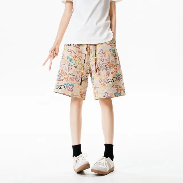 明尼凯 美式潮牌彩绘字母满印涂鸦设计夏威夷沙滩度假风松紧系带宽松直筒阔腿百搭潮流舒适清凉透气五分情侣休闲短裤 男女同款