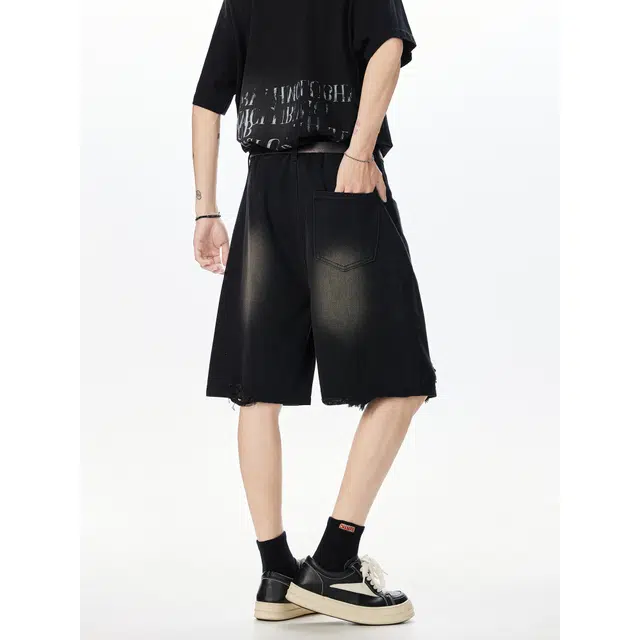 明尼凯 美式复古个性毛边破洞做旧设计嘻哈街头风直筒宽松五分潮流痞帅慵懒百搭牛仔短裤 男女同款