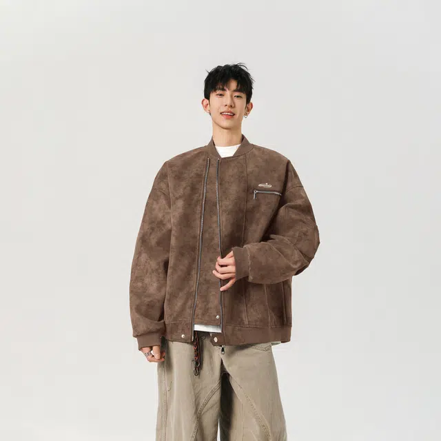 明尼凯 美式复古高街小众解构金属拉链设计感做旧水洗扎染外套日常通勤百搭休闲宽松个性时尚机车服痞帅工装立领夹克 男女同款