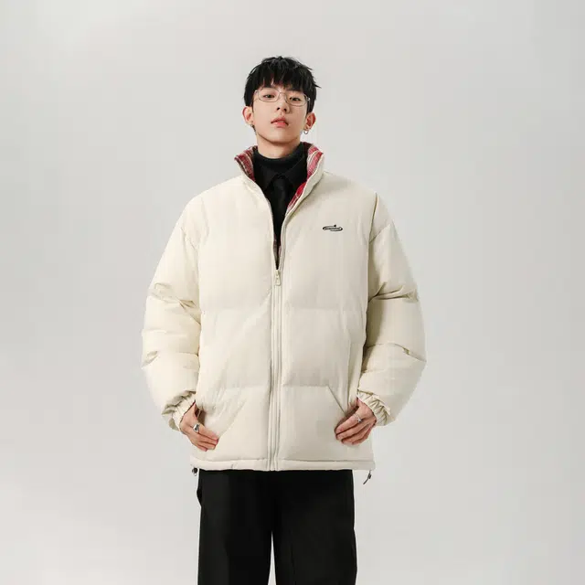 明尼凯 美式复古高街学院风纯色面包服格纹拼接校园小清新防风抗寒保暖休闲宽松立领长袖外套日常通勤百搭舒适时尚户外棉服 男女同款