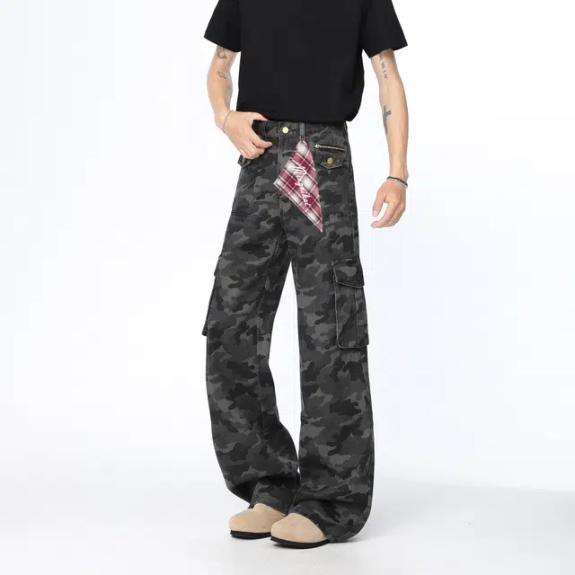 明尼凯 美式复古嘻哈街头风迷彩多口袋裤子潮牌设计感小众高级感痞帅修身直筒显高显瘦长裤百搭垂感拖地伐木工装牛仔裤 男女同款