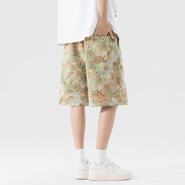 寻星记 美式潮牌宽松舒适百搭系带植物花卉满印五分裤时尚休闲短裤 男女同款