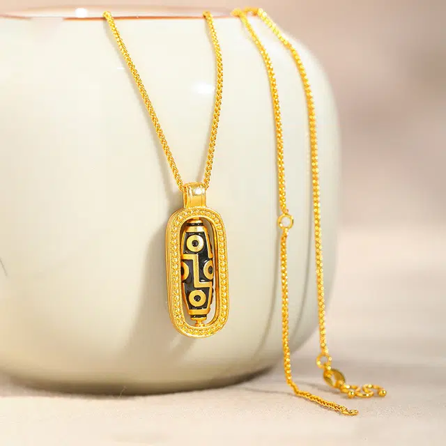 戴时光 戴来好运新中式复古点钻珐琅彩铜九眼天珠纳福净化磁场可转动国风文创小众叠戴配证书 精美礼盒 锆石 项链 男女同款情侣款