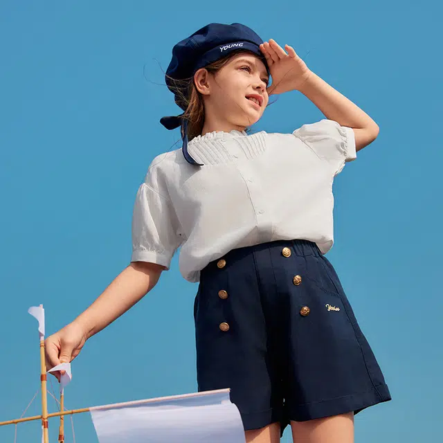 儿童款 【天丝凉感】英氏 夏季 法式立领莱赛尔衬衣中大童衣服女童甜美短袖褶皱衬衫