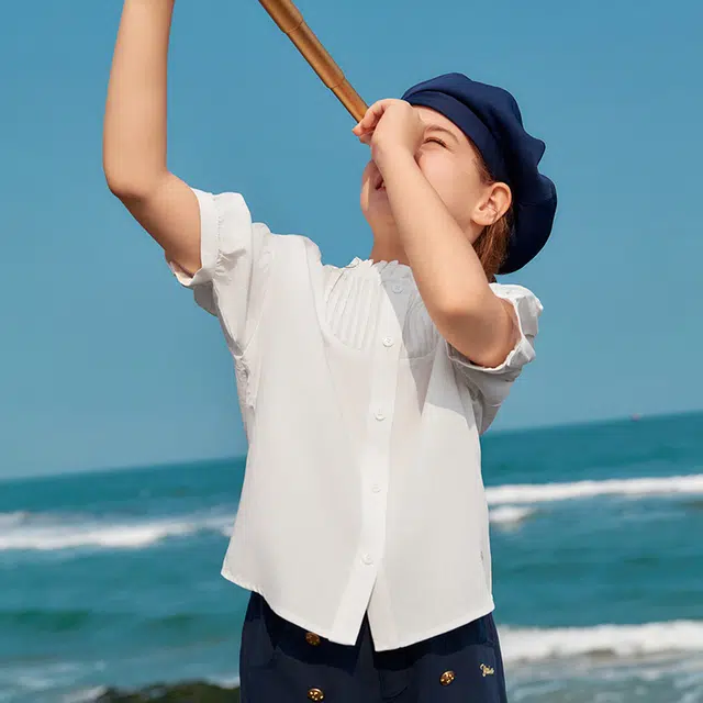 儿童款 【天丝凉感】英氏 夏季 法式立领莱赛尔衬衣中大童衣服女童甜美短袖褶皱衬衫