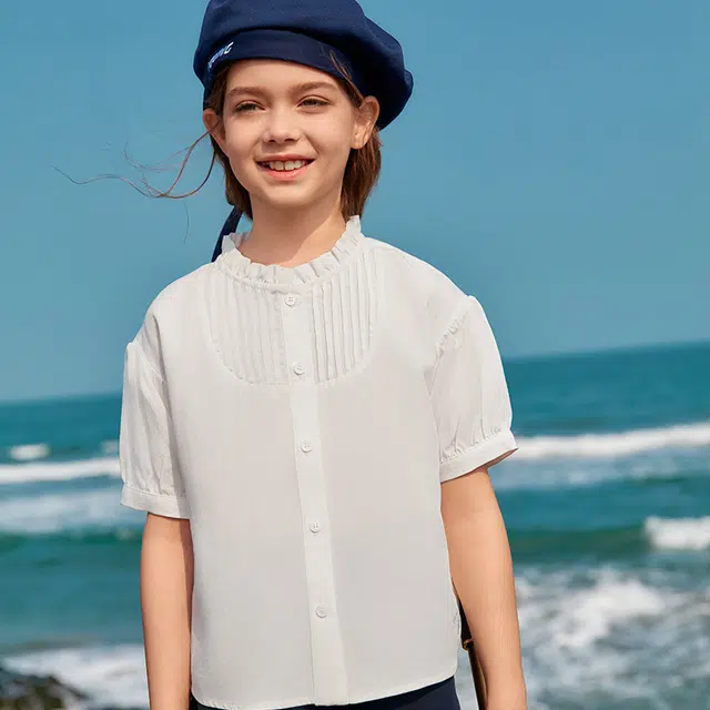 儿童款 【天丝凉感】英氏 夏季 法式立领莱赛尔衬衣中大童衣服女童甜美短袖褶皱衬衫