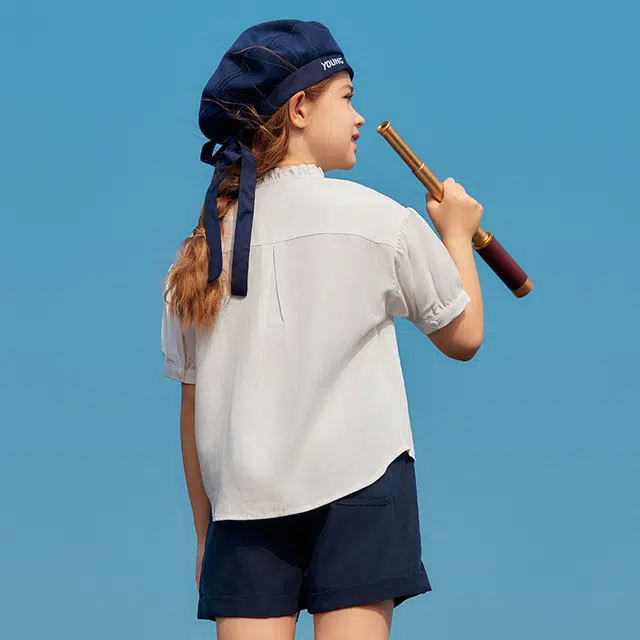 儿童款 【天丝凉感】英氏 夏季 法式立领莱赛尔衬衣中大童衣服女童甜美短袖褶皱衬衫