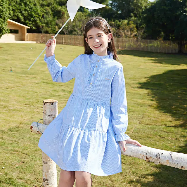 英氏 童装 纯色学院风半高领花边袖中长款裙子长袖儿童连衣裙 春秋款 女童