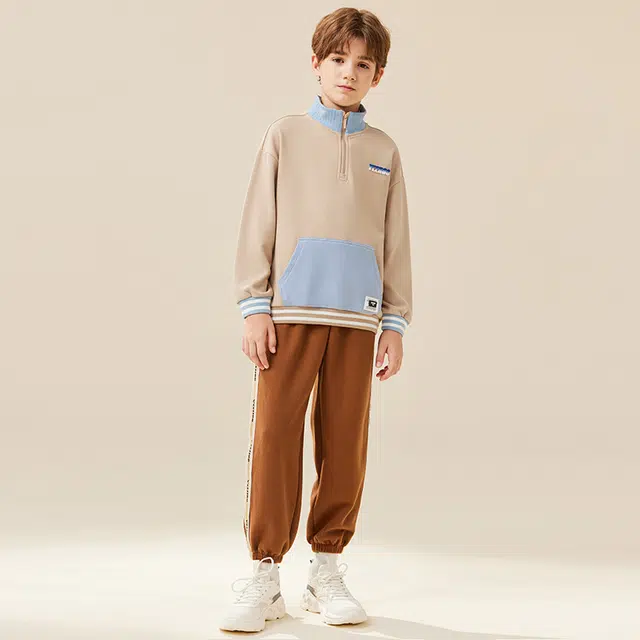 【卫衣两件套】英氏 童装 半开领袋鼠袋卫衣织带卫裤中大童中小学生休闲运动套装 春秋款 男童