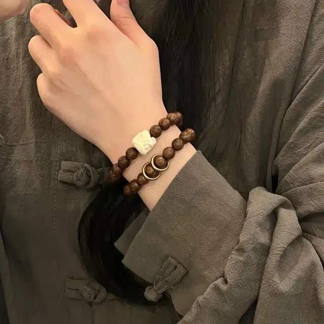 玉临门 新中式 醒狮双圈叠戴国潮复古 檀木 木作手串 男女同款情侣款 金丝檀木